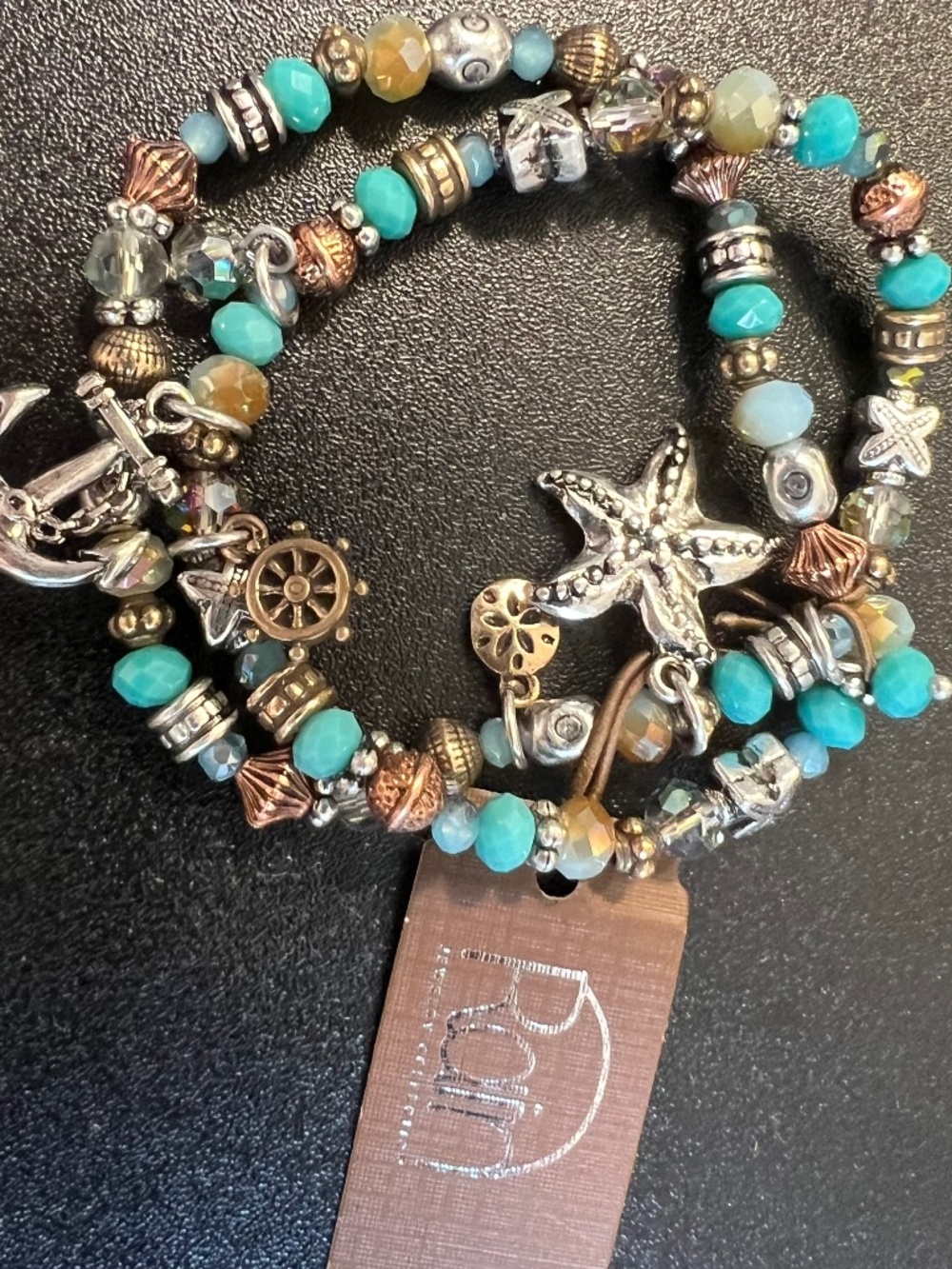 Rain Nautical Sails Charms Double Stretch Silver Tone Faceted Bead Bracelet NWT